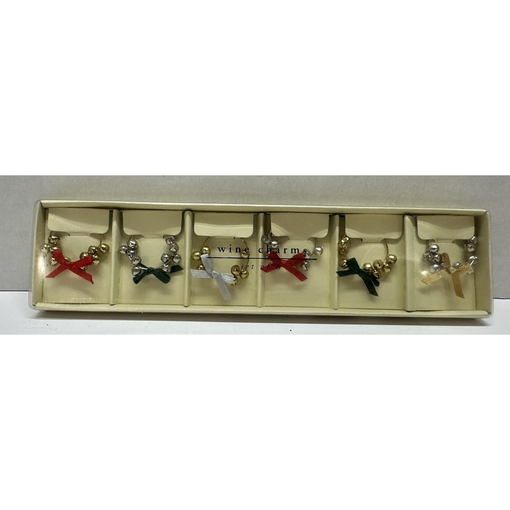 Pier 1 Imports Wine Glass Charms Holiday Christmas Bell Set of 6 New Sealed NOS